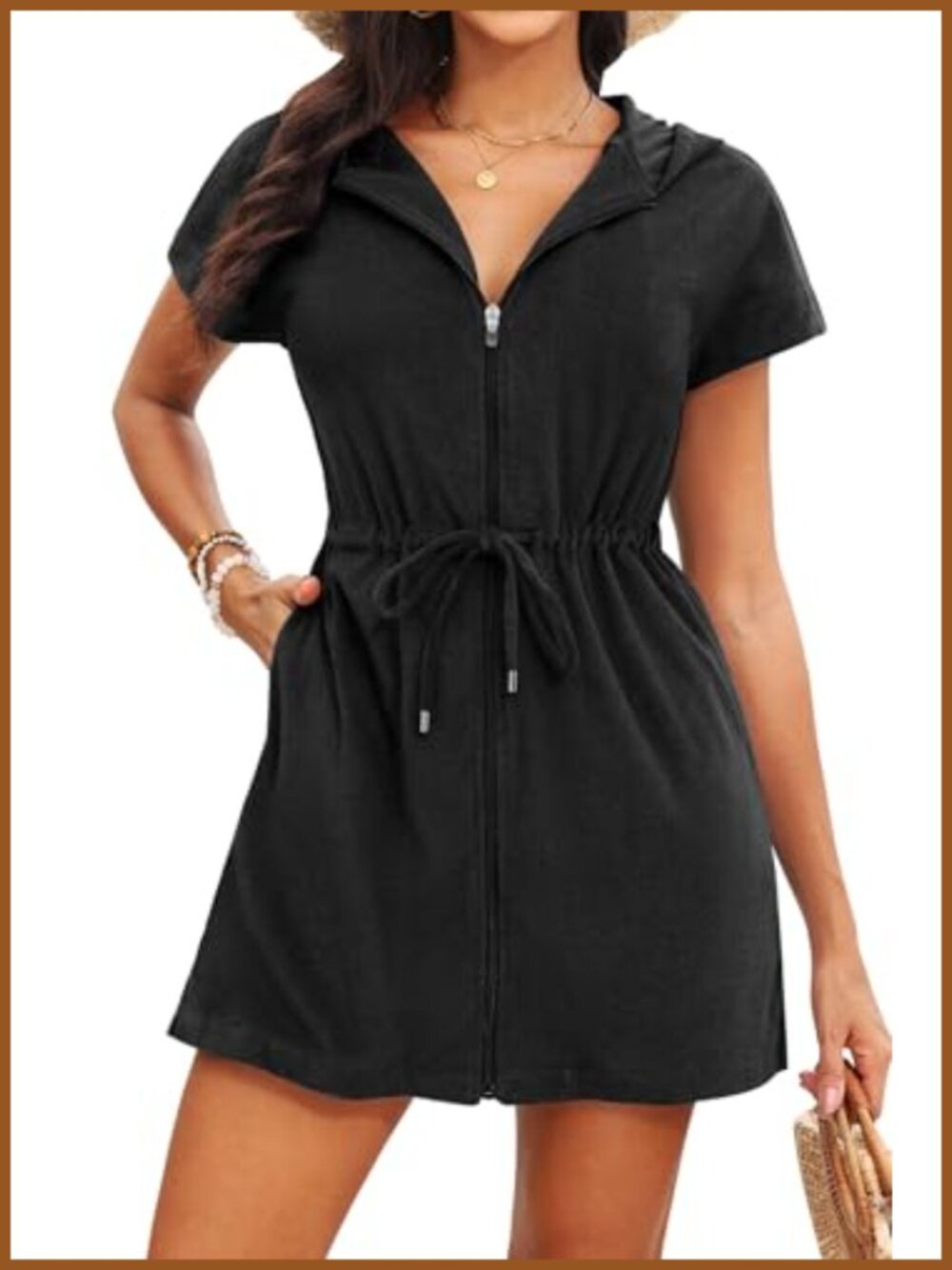 Womens Terry Cloth Hooded Swim Cover Up Zip Pocket Terry Cotton Blend